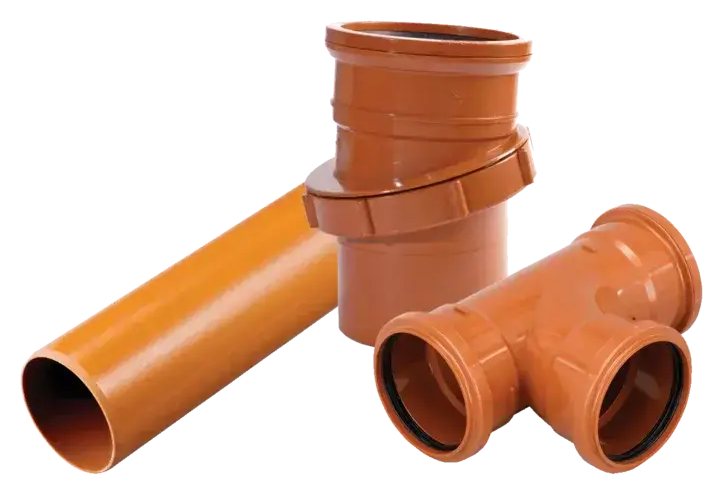 Marley PVC-U underground drainage pipe, coupler and branch in golden brown